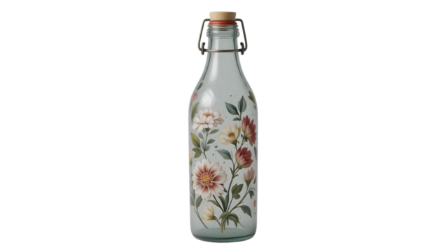 Vintage-style misting water bottle with floral decals, isolated against white background