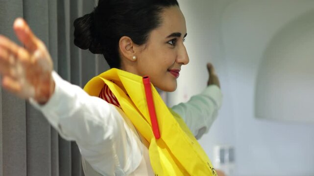 in-flight safety demonstration : Air hostess staff airline demonstrate. Cabin Crew or Steward staff airline demonstrate safety procedures to passengers. Flight attendant