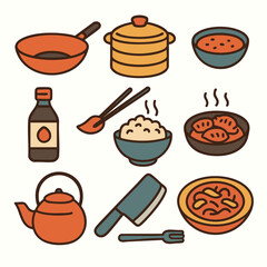 Cooking tools, ingredients, and dishes create vibrant culinary scene