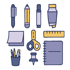 Stationery items including pen pencil marker glue ruler scissors sticky note notebook and push