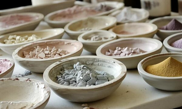 Variety of natural pigments and materials in artisan bowls.