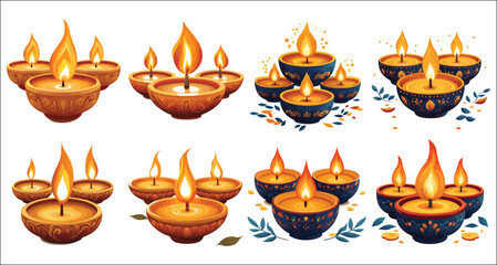 Festive Diwali Celebration Collection Of Traditional Lit Oil Lamps Illustrations