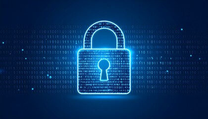 Cybersecurity padlock with glowing binary code.