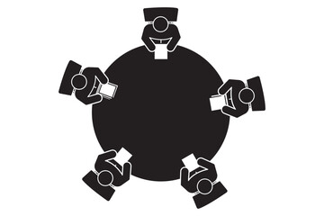 Illustration of a business meeting with five figures seated around a table. 
International Standard Public information signs Conference facilities or meeting room eps 10