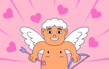 Cupid with white wings and curly hair smiles brightly while holding a bow and heart-tipped arrow cartoon vector hand drawn illustration against a pink background with radiating hearts