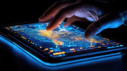 Hand interacts with digital map.