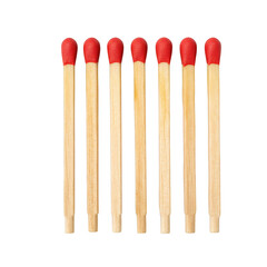 A straight line of wooden matches with red tips on a black background on transparent background