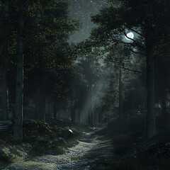 Fototapeta premium Enchanted Nocturnal Symphony: A Serene Journey Through the Whispering Night Forest