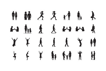 Family and People Silhouette Set – Walking, Running, Yoga, High Five, Couple, Parent and Child, Celebration Poses – Vector Illustration