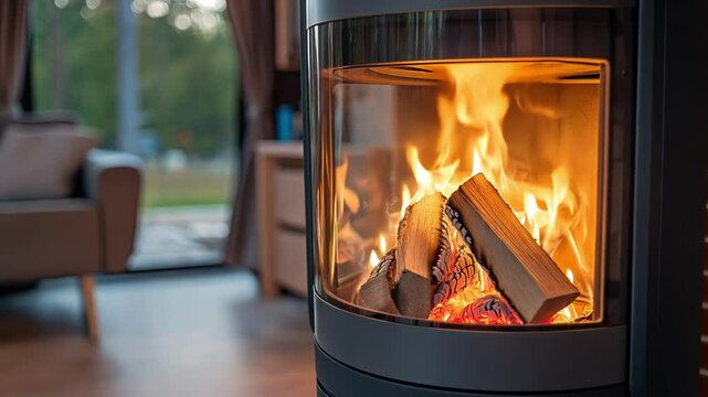 Cozy fireplace burning with warm, inviting flames in a modern home.