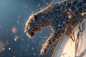 Fototapeta premium Leaping leopard in a clock fantasy scene surreal environment dynamic perspective
