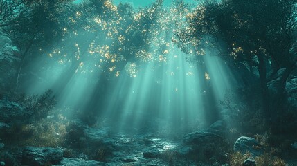 Generative AI Image of Dense Trees in Forest Nature Landscape with Fog and Sunlight