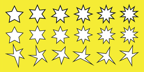 Set of yellow explosion stars. Comic burst, bursting star, starburst speech bubbles. Star sticker, burst speech balloon. Boom attention grabber sticker. Vector illustration. 