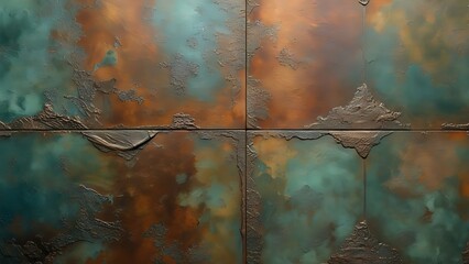 create a high-resolution, quadrilateral texture with a worn, aged appearance, resembling the patina of oxidized bronze, featuring a subtle blend of earthy tones such as sienna.