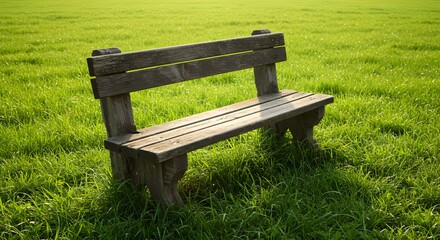 Wooden Bench in Green Meadow, Outdoor Seating, Park Concept, Lawn Furniture, Nature Photography