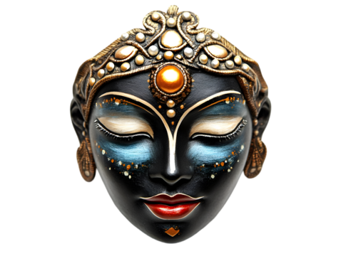 Ornate Black And Gold Face Mask Illustration With Closed Eyes On Transparent Background