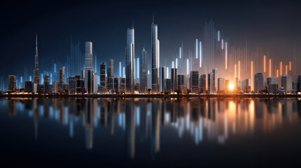 Naklejka premium Vibrant city skyline at night reflects on water, showcasing modern skyscrapers illuminated by colorful lights. Financial graphs overlay scene, symbolizing growth and innovation