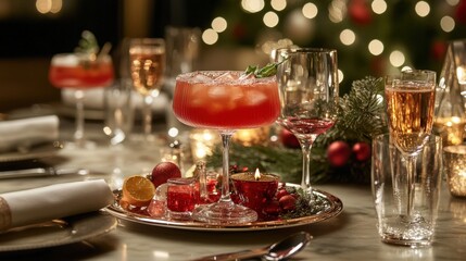 Naklejka premium Festive Christmas cocktails on a decorated dinner table.
