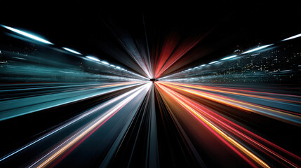 High speed light trails create dynamic visual effect, representing energy and motion of urban life at night. vibrant colors and lines evoke sense of excitement and speed
