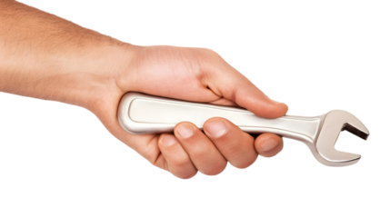 Photo of a Human Hand Holding a Silver Wrench Tool on Transparent Background