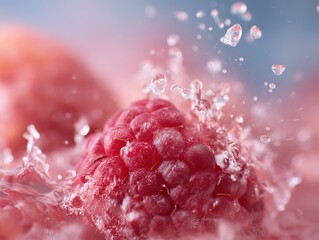 Close-up view of raspberries with splashing water.