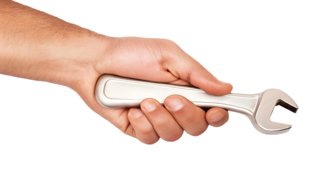 Photo of a Human Hand Holding a Silver Wrench Tool on Transparent Background