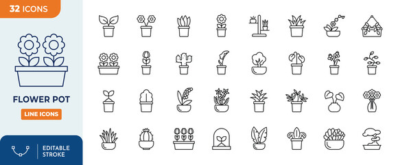 Flowerpot icon set. Outline Icon Collection. Vector illustration. Editable stroke	