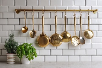 Gold kitchen utensils hanging on a white tile backsplash.  A stylish and functional kitchen detail.