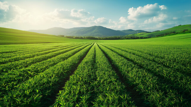 Lush farmland and mountain horizon, eco-friendly, clean background.