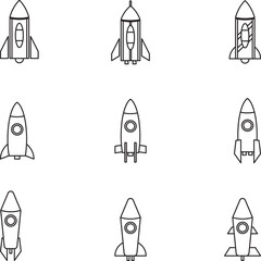 Collection of 9 minimalist line-art rocket icons in black and white, ideal for startup, innovation, space, and tech design themes.