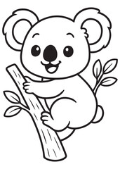 Coloring book kawaii koala happily clings to a branch. Adorable line art for coloring creative kid