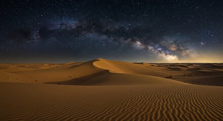 Desert landscape under a starry night sky with Milky Way galaxy view