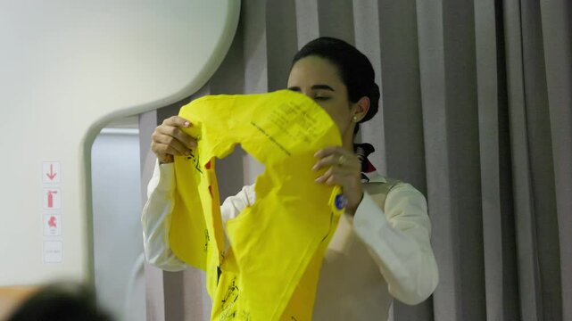 in-flight safety demonstration : Air hostess staff airline demonstrate. Cabin Crew or Steward staff airline demonstrate safety procedures to passengers. Flight attendant