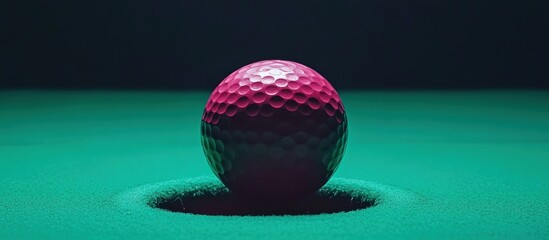 Pink golf ball sinking into green putting green hole