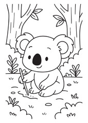 Coloring book koala happily pokes the ground with a stick in a forest. 
