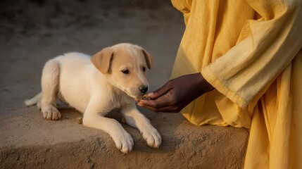 Obraz premium Heartwarming Scene of Volunteer Feeding Puppy in Vibrant Yellow Setting
