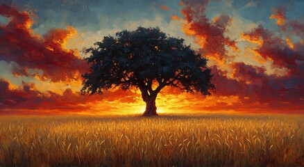 Fototapeta premium Majestic redwood in golden wheat under fiery sunset. Impressionistic art for nature designs, scenic backgrounds, autumn themes, resilience concepts. Serene, awe-inspiring.