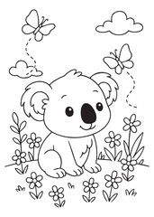 Coloring book koala sits happily amongst flowers as butterflies flutter by under fluffy clouds