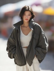 Fototapeta premium Casual Korean Model in Stylish Outdoor Setting