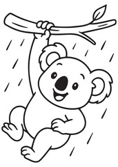 Coloring book koala happily clings to eucalyptus branches. Adorable line art for coloring  education kid
