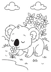 Coloring book koala with closed eyes gently sniffs a flower in a field under fluffy clouds