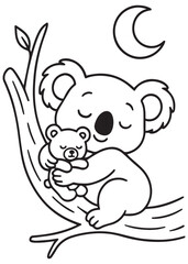 Coloring book koala sleeps peacefully on a branch, hugging a teddy bear under the moon.