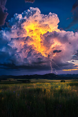 Majestic Symphony of Thunder: Lightning Dances Beneath Looming Storm Clouds Over Peaceful Meadow