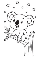 Coloring book koala sits on a branch under a starry sky. Adorable line art for coloring education kid