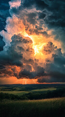 Fototapeta premium Majestic Symphony of Thunder: Lightning Dances Beneath Looming Storm Clouds Over Peaceful Meadow