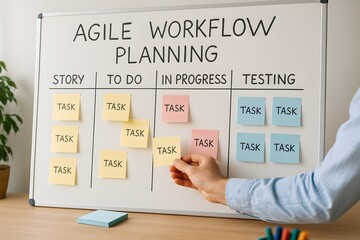 Bright Post-its outline sprint tasks under agile workflow planning as a hand organizes cards on a whiteboard. Concept of flexible project management and continuous delivery.