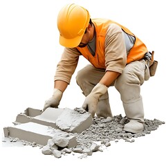 A construction worker is setting bricks while wearing safety equipment