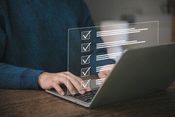 tick check mark in a checklist. concept of online list questionnaire, report, and evaluation. a...