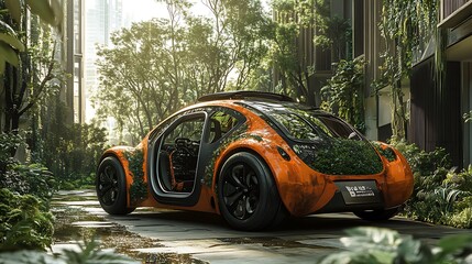An orange ecological car with vegetation merges with a lush, green urban landscape beautifully