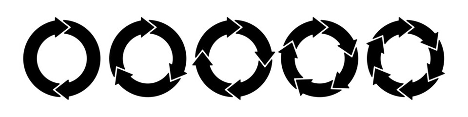 Black circle transition stages. Circular arrows. Repeat icon. reload sign. Diagram infographic set. Rotation cycle vector 2, 3, 4, 5, 6, parts. Cyrcle, process, and flow concept, 